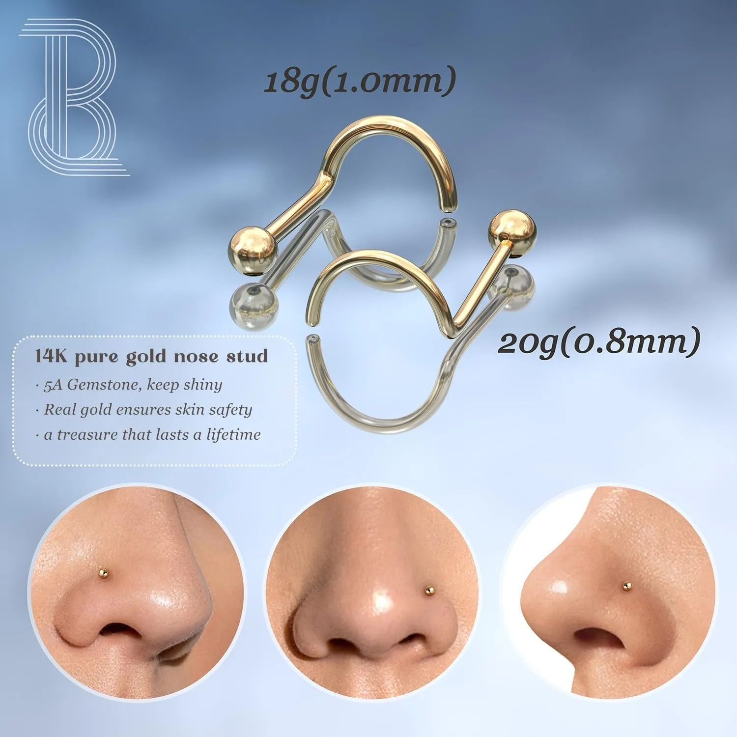 BodyBonita 14K Solid Gold Nose Rings - Twist/Bone Style Nose Stud 18G 20G Screw Shaped CZ Post Hypoallergenic Piercing Jewelry Rings for Women Men 3 mm/2 mm/1.5 mm Cubic Zirconia 7 mm Bar Length