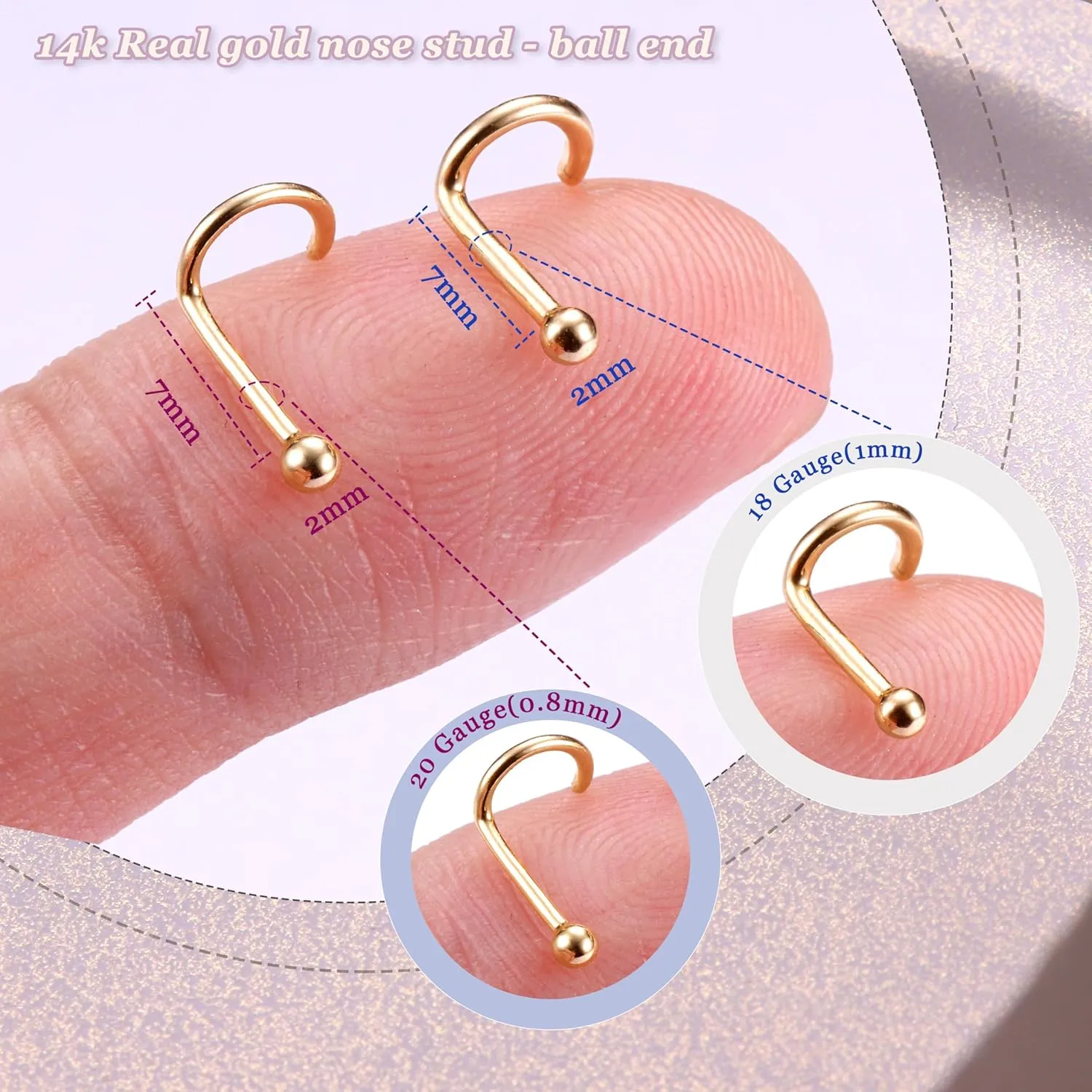 BodyBonita 14K Solid Gold Nose Rings - Twist/Bone Style Nose Stud 18G 20G Screw Shaped CZ Post Hypoallergenic Piercing Jewelry Rings for Women Men 3 mm/2 mm/1.5 mm Cubic Zirconia 7 mm Bar Length