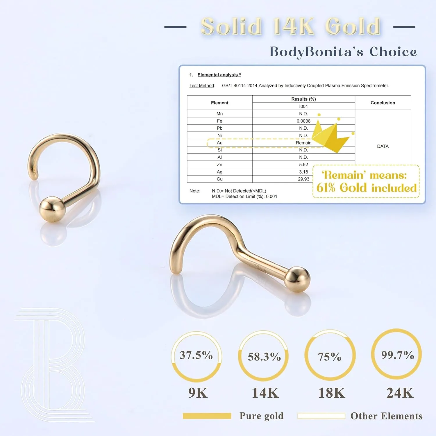BodyBonita 14K Solid Gold Nose Rings - Twist/Bone Style Nose Stud 18G 20G Screw Shaped CZ Post Hypoallergenic Piercing Jewelry Rings for Women Men 3 mm/2 mm/1.5 mm Cubic Zirconia 7 mm Bar Length