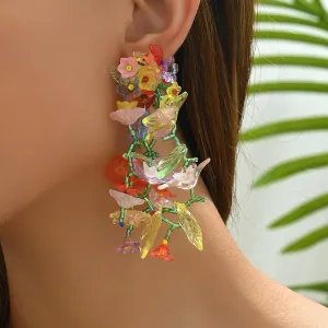 Bohemian Big Flower Dangle Earrings - Fabric Floral Design for Women