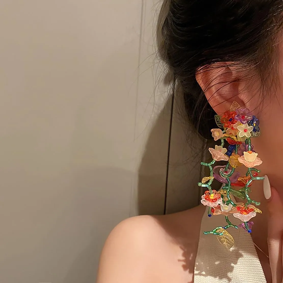 Bohemian Big Flower Dangle Earrings - Fabric Floral Design for Women