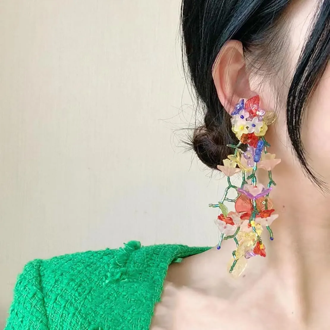 Bohemian Big Flower Dangle Earrings - Fabric Floral Design for Women