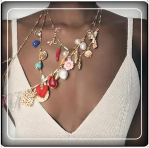 Bohemian Multi layered Charm Necklace, Gold Chain with Pearl Heart and Flower Charm - Colorful Mixed Pendant Design Necklace for Women