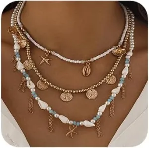 Bohemian Shell Necklace Seashell Necklace Layered Shell Starfish Beaded Necklace Beach Summer Gold Choker Necklace Multilayer Adjustable Layering Necklaces for Women