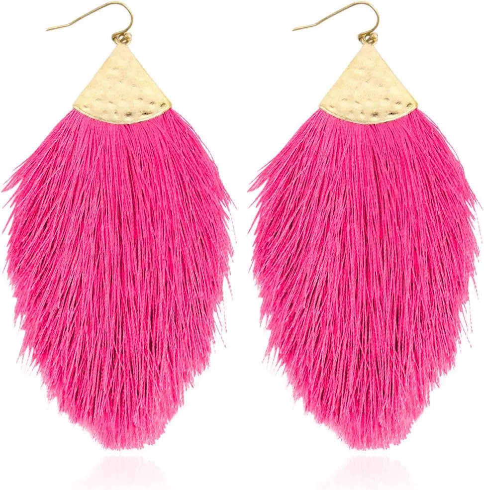Bohemian Silky Thread Fan Fringe Tassel Statement Earrings - Lightweight Strand Feather Shape Dangles