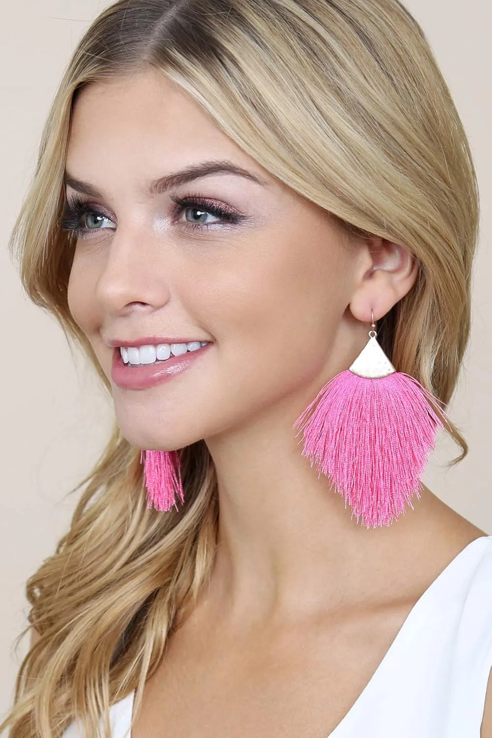 Bohemian Silky Thread Fan Fringe Tassel Statement Earrings - Lightweight Strand Feather Shape Dangles