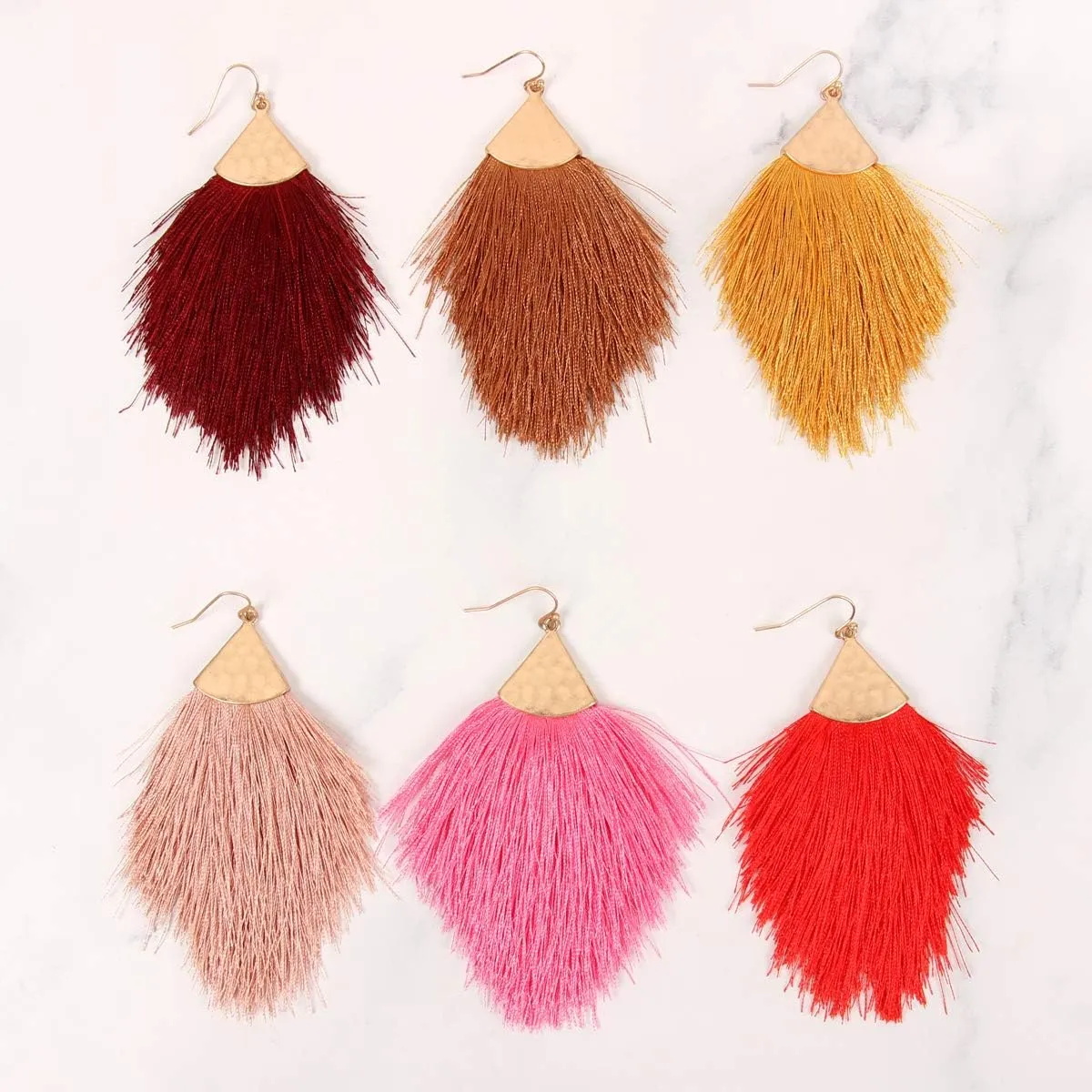 Bohemian Silky Thread Fan Fringe Tassel Statement Earrings - Lightweight Strand Feather Shape Dangles