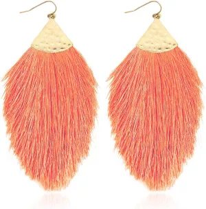 Bohemian Silky Thread Fan Fringe Tassel Statement Earrings - Lightweight Strand Feather Shape Dangles