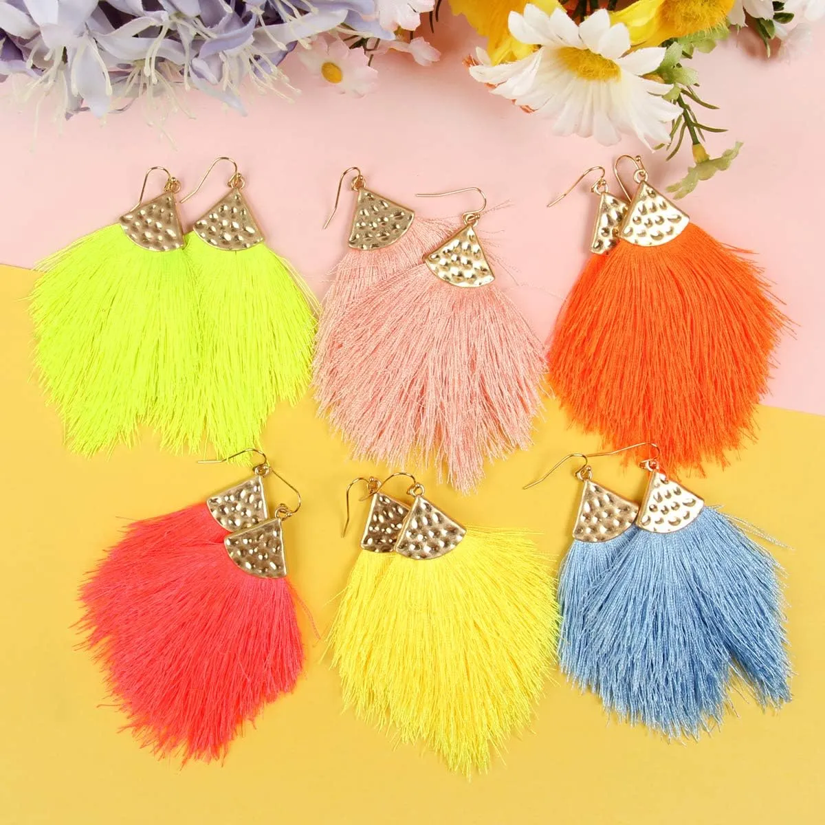 Bohemian Silky Thread Fan Fringe Tassel Statement Earrings - Lightweight Strand Feather Shape Dangles