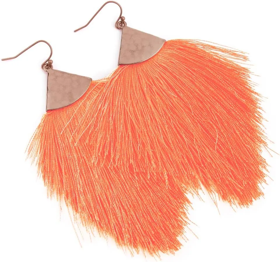Bohemian Silky Thread Fan Fringe Tassel Statement Earrings - Lightweight Strand Feather Shape Dangles