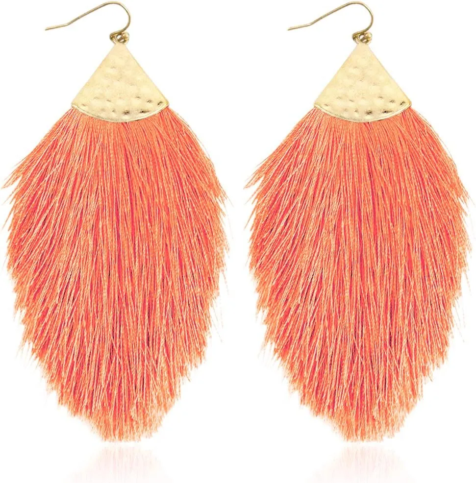 Bohemian Silky Thread Fan Fringe Tassel Statement Earrings - Lightweight Strand Feather Shape Dangles