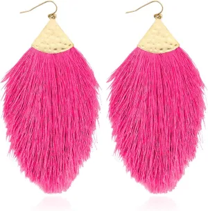Bohemian Silky Thread Fan Fringe Tassel Statement Earrings - Lightweight Strand Feather Shape Dangles