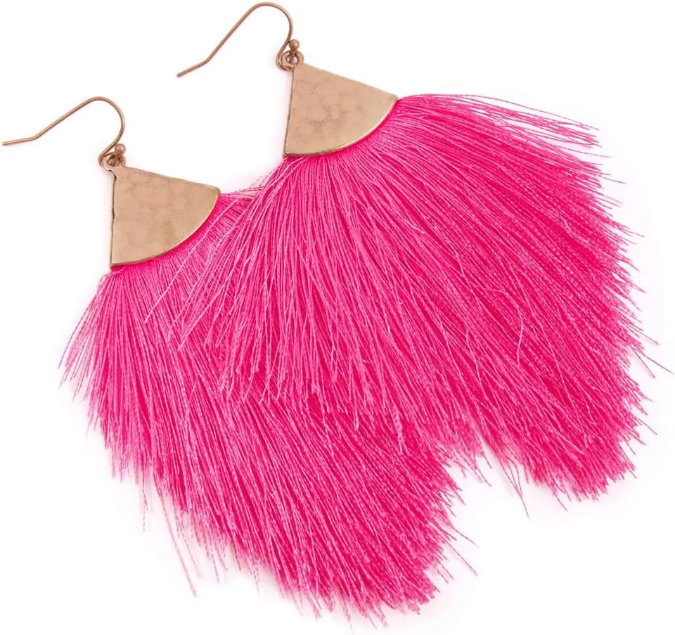 Bohemian Silky Thread Fan Fringe Tassel Statement Earrings - Lightweight Strand Feather Shape Dangles