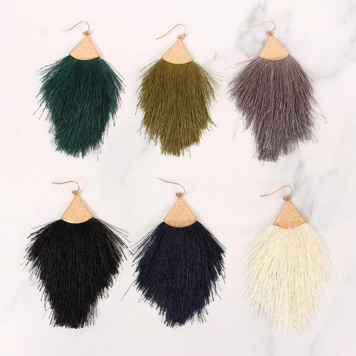 Bohemian Silky Thread Fan Fringe Tassel Statement Earrings - Lightweight Strand Feather Shape Dangles