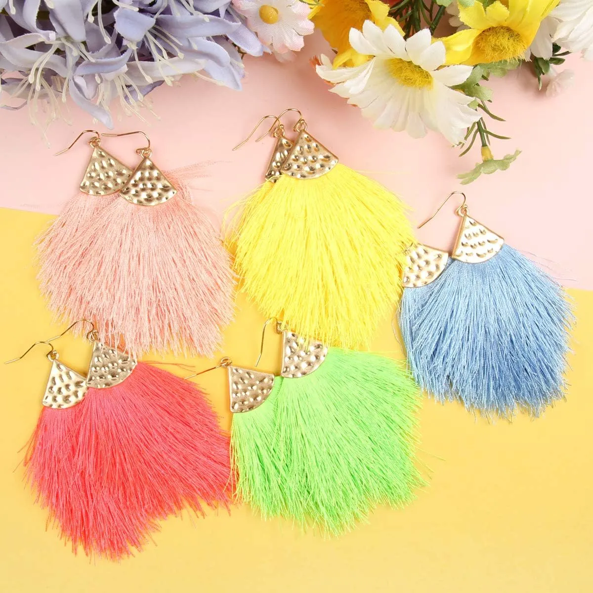 Bohemian Silky Thread Fan Fringe Tassel Statement Earrings - Lightweight Strand Feather Shape Dangles