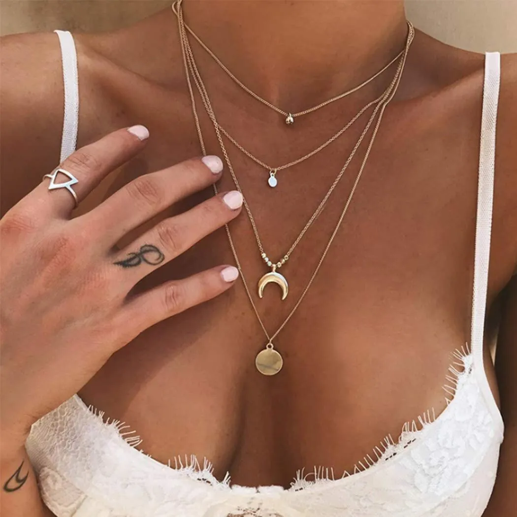 Boho Layered Necklaces Gold Moon Pendant Necklace Sequins Pendant Necklaces Handmade Beach Adjustable Chain Jewelry for Women and Girls