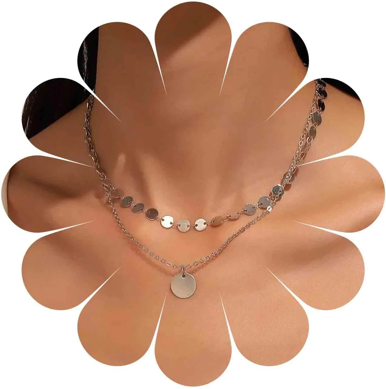 Boho Layered Sequin Coin Silver Choker Necklace Chain Vintage Disc Pendant Necklace Tiny Sequin Choker Layered Rock Statement Sequin Necklace Jewelry for Women