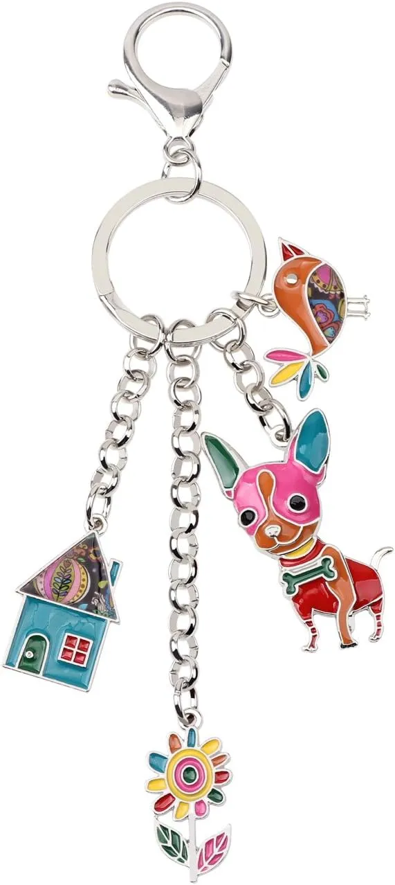 BONSNY Enamel Alloy Chain Chihuahua Dog Key Chains For Women Car Purse Handbag Charms Gifts