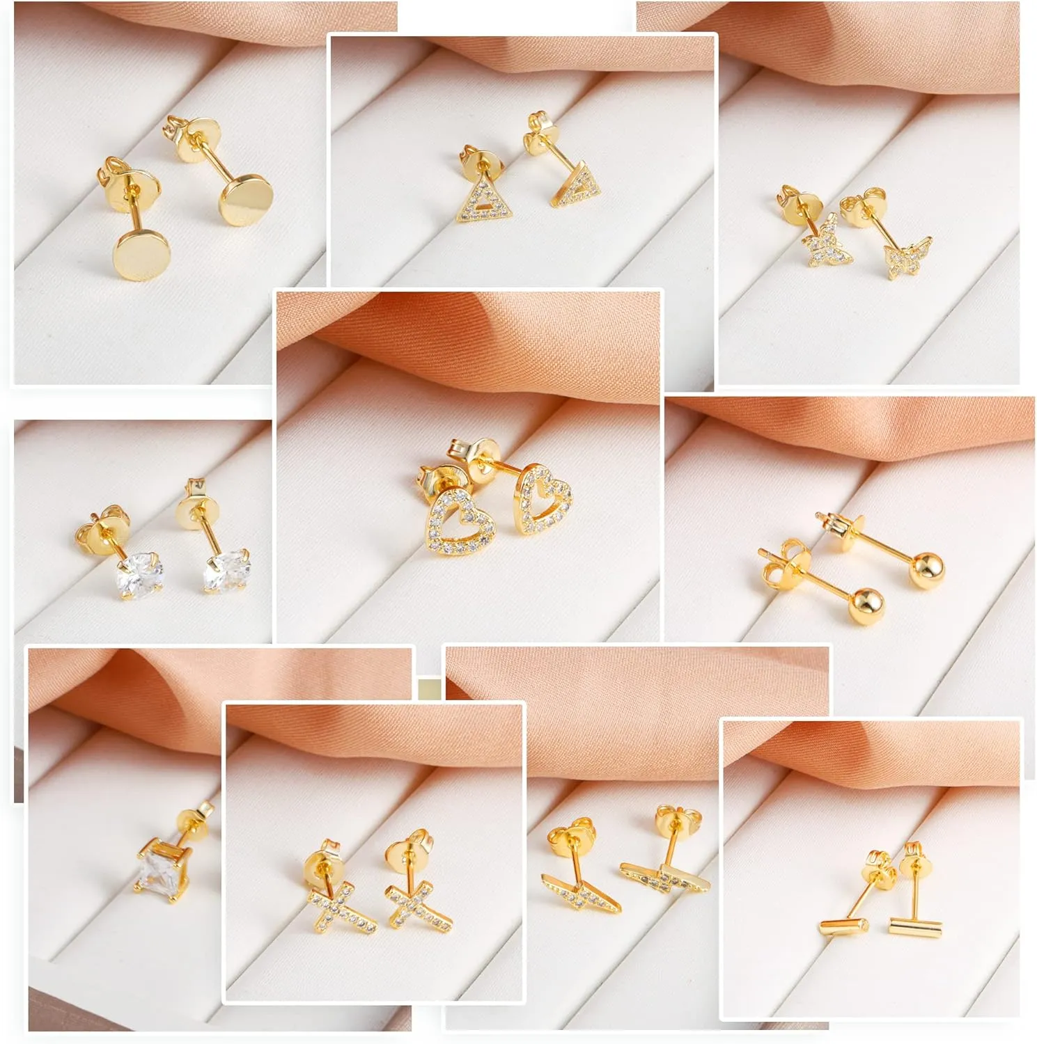 BOUTIQUELOVIN 14K Gold Stud Earrings Set for Women, for Multiple Piercing 925 Silver Plated Studs Earrings and Zirconia Earring Set Small Huggie Hoop Chain Earing