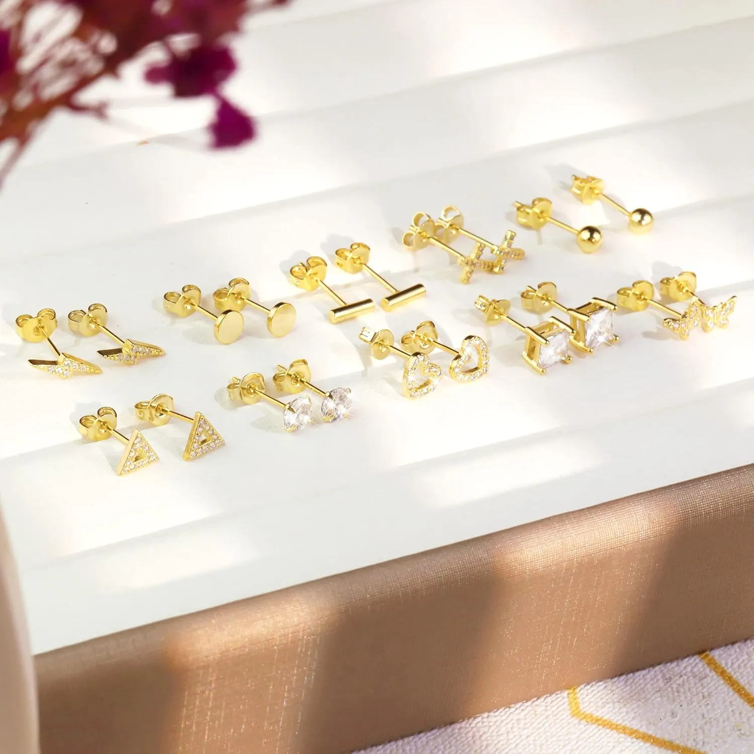 BOUTIQUELOVIN 14K Gold Stud Earrings Set for Women, for Multiple Piercing 925 Silver Plated Studs Earrings and Zirconia Earring Set Small Huggie Hoop Chain Earing