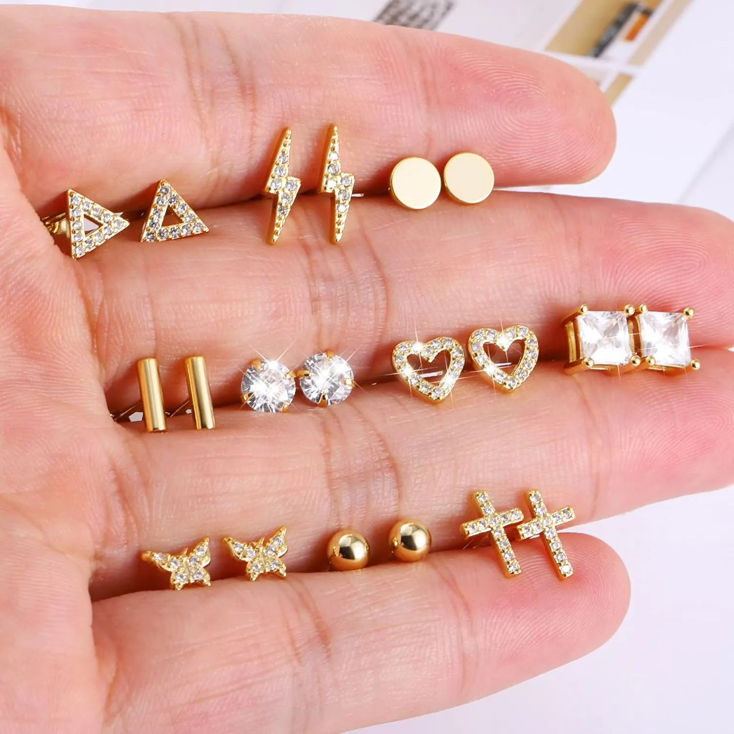 BOUTIQUELOVIN 14K Gold Stud Earrings Set for Women, for Multiple Piercing 925 Silver Plated Studs Earrings and Zirconia Earring Set Small Huggie Hoop Chain Earing