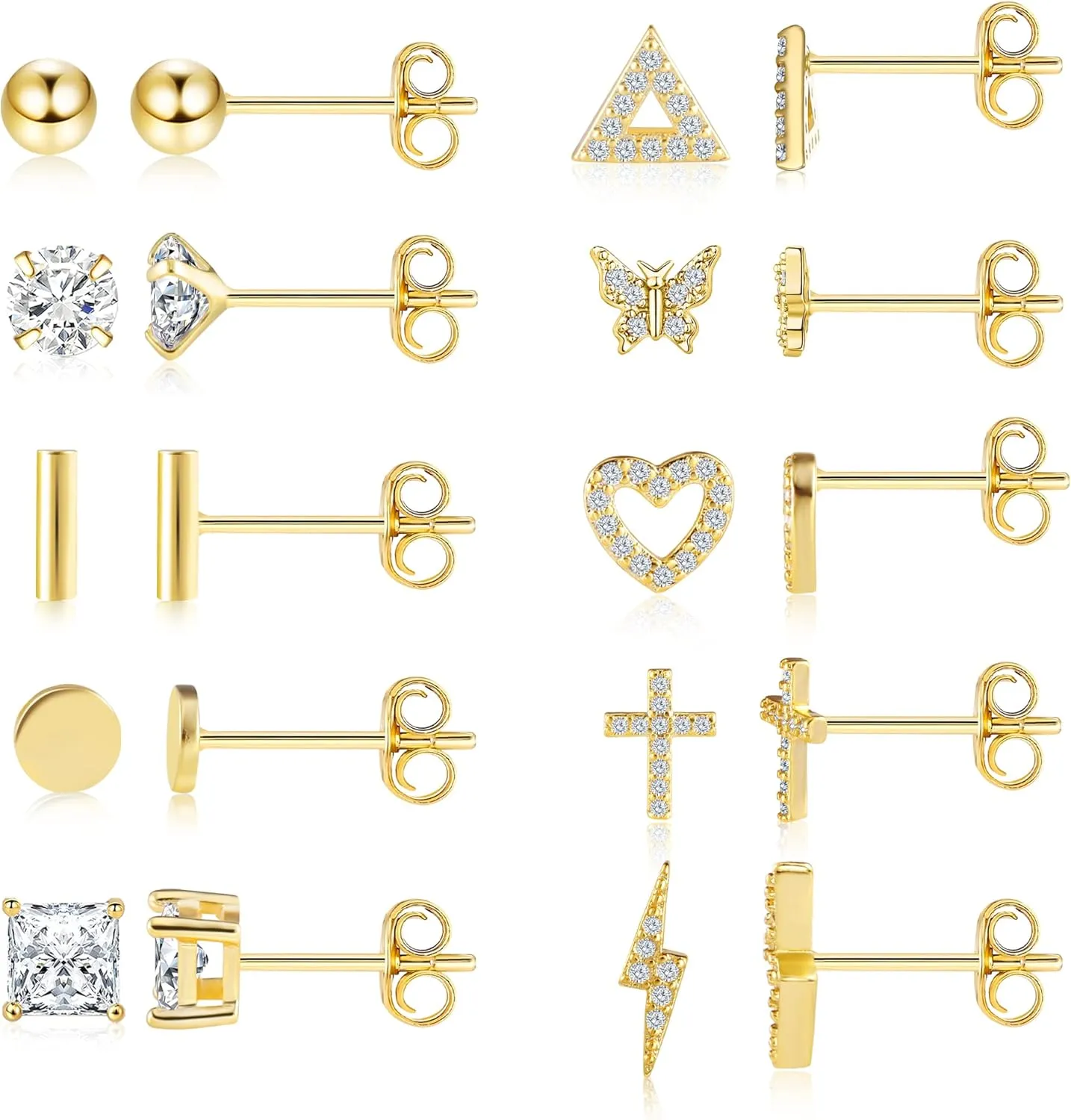 BOUTIQUELOVIN 14K Gold Stud Earrings Set for Women, for Multiple Piercing 925 Silver Plated Studs Earrings and Zirconia Earring Set Small Huggie Hoop Chain Earing