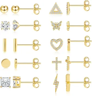 BOUTIQUELOVIN 14K Gold Stud Earrings Set for Women, for Multiple Piercing 925 Silver Plated Studs Earrings and Zirconia Earring Set Small Huggie Hoop Chain Earing