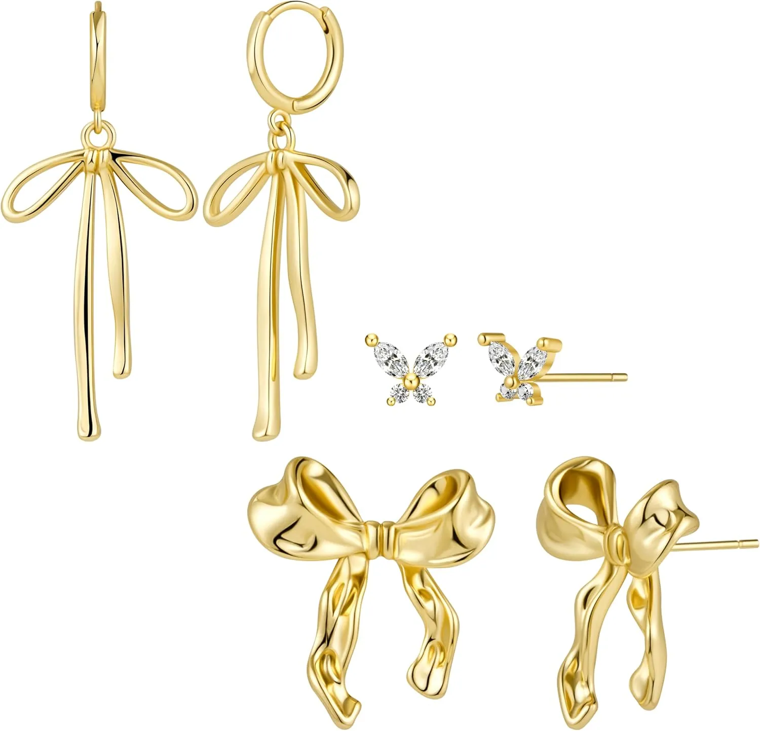 Bow Earrings Set for Women, Cute Hypoallergenic Studs Dangle Hoops for Sensitive Ears, 3 Pairs Small Bow Jewelry Gifts