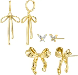 Bow Earrings Set for Women, Cute Hypoallergenic Studs Dangle Hoops for Sensitive Ears, 3 Pairs Small Bow Jewelry Gifts