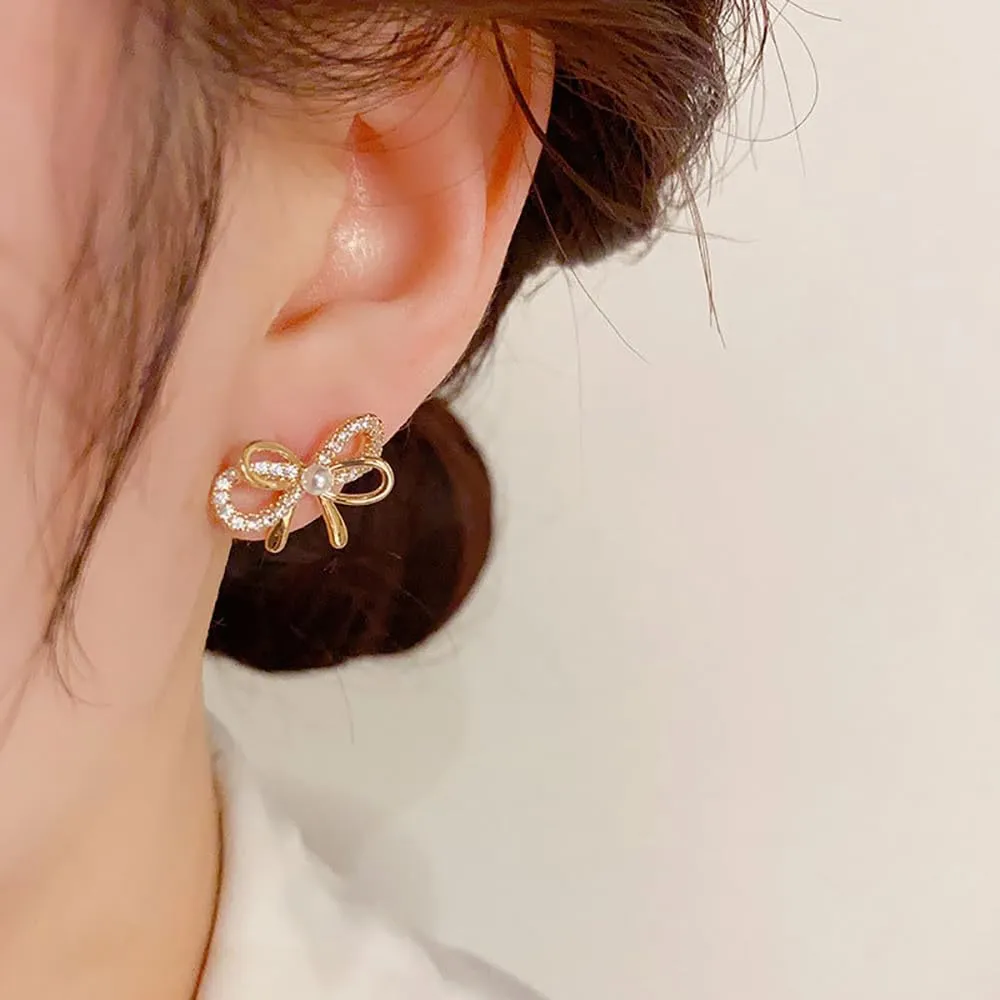 Bow Tassel Dangle Earrings for Women Ribbon Bowknot Pearl Rhinestone Earrings Dainty Gold Bow Tie Crystal Earrings for Wedding Prom Party Jewelry Gift