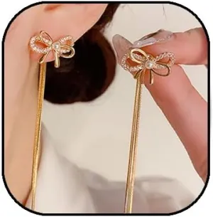 Bow Tassel Dangle Earrings for Women Ribbon Bowknot Pearl Rhinestone Earrings Dainty Gold Bow Tie Crystal Earrings for Wedding Prom Party Jewelry Gift