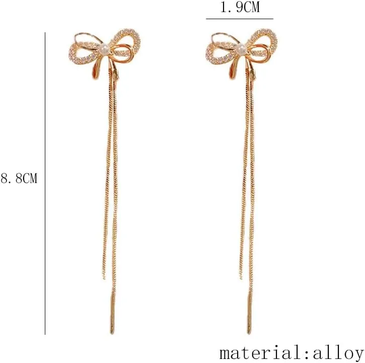 Bow Tassel Dangle Earrings for Women Ribbon Bowknot Pearl Rhinestone Earrings Dainty Gold Bow Tie Crystal Earrings for Wedding Prom Party Jewelry Gift
