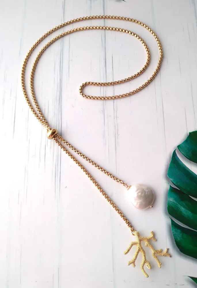Branch Coral with White Keishi Pearl Slider Necklace