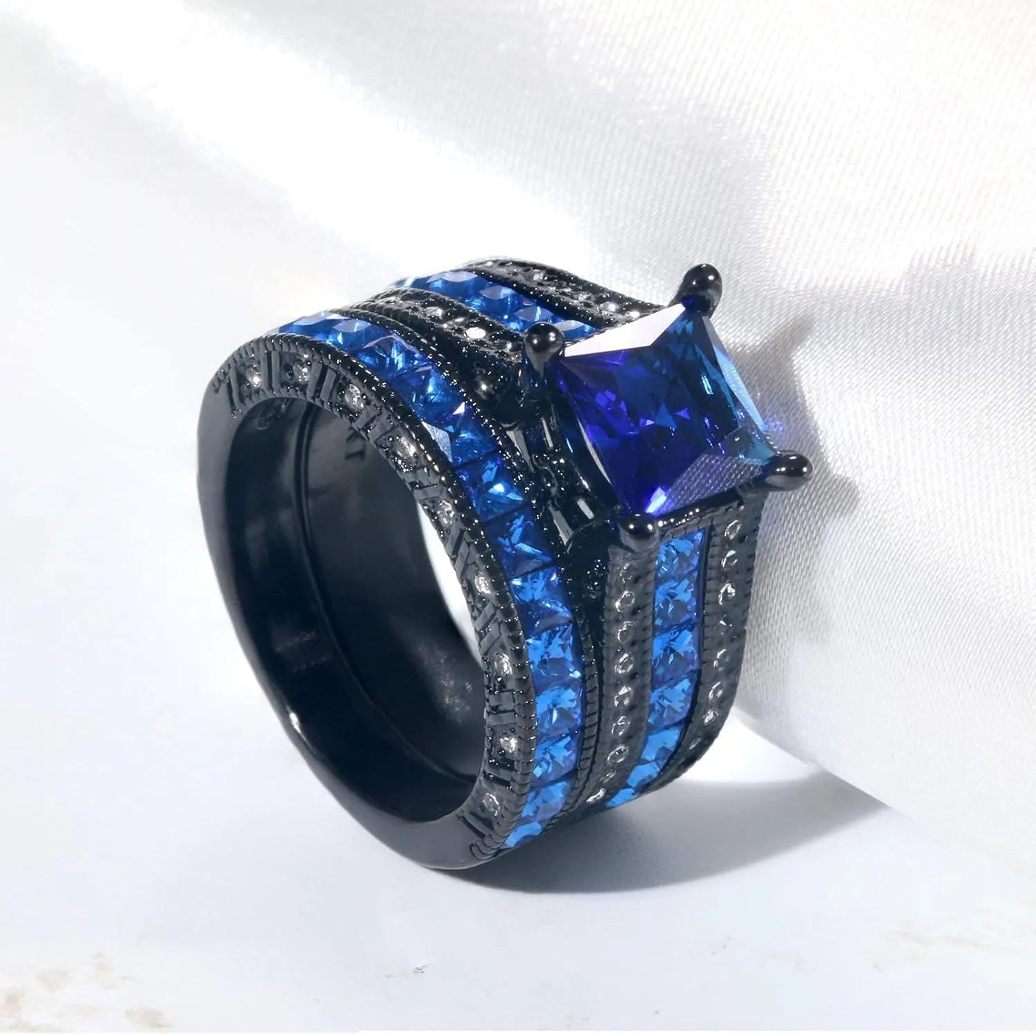Bridal Sets Luxury Black Gold Plated Womens Wedding Ring Sets Princess cut 8mm Blue Cz Engagement Ring Sets