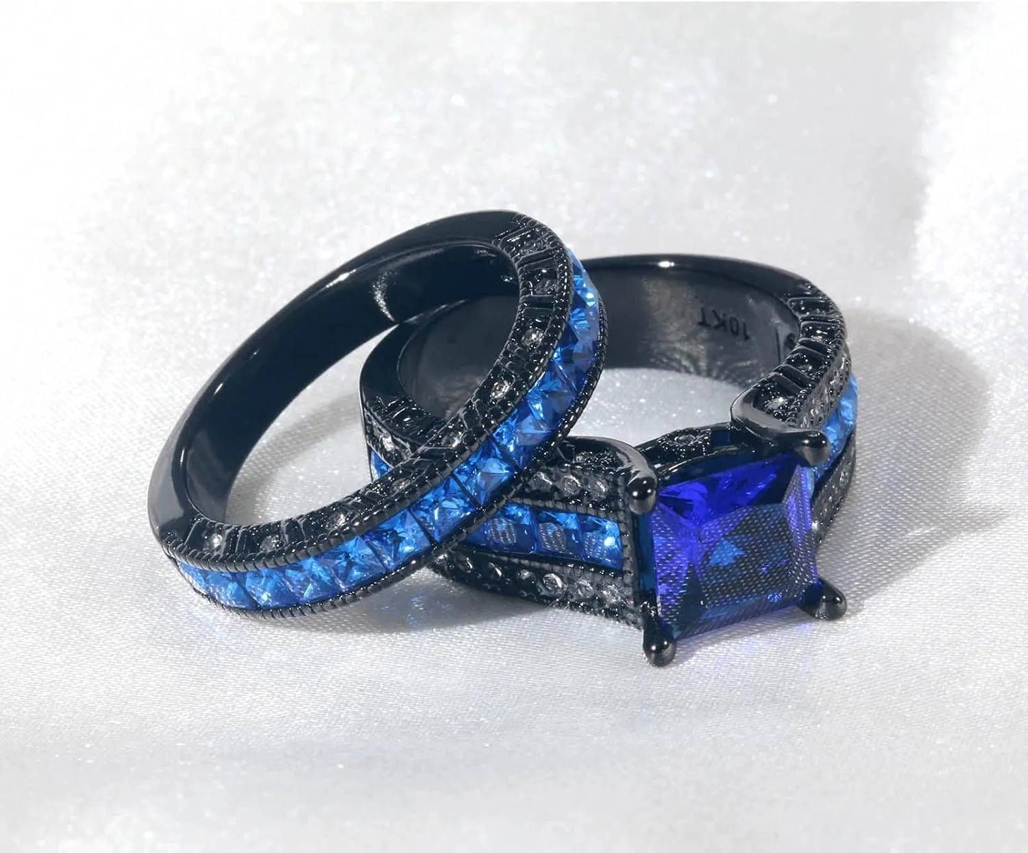 Bridal Sets Luxury Black Gold Plated Womens Wedding Ring Sets Princess cut 8mm Blue Cz Engagement Ring Sets