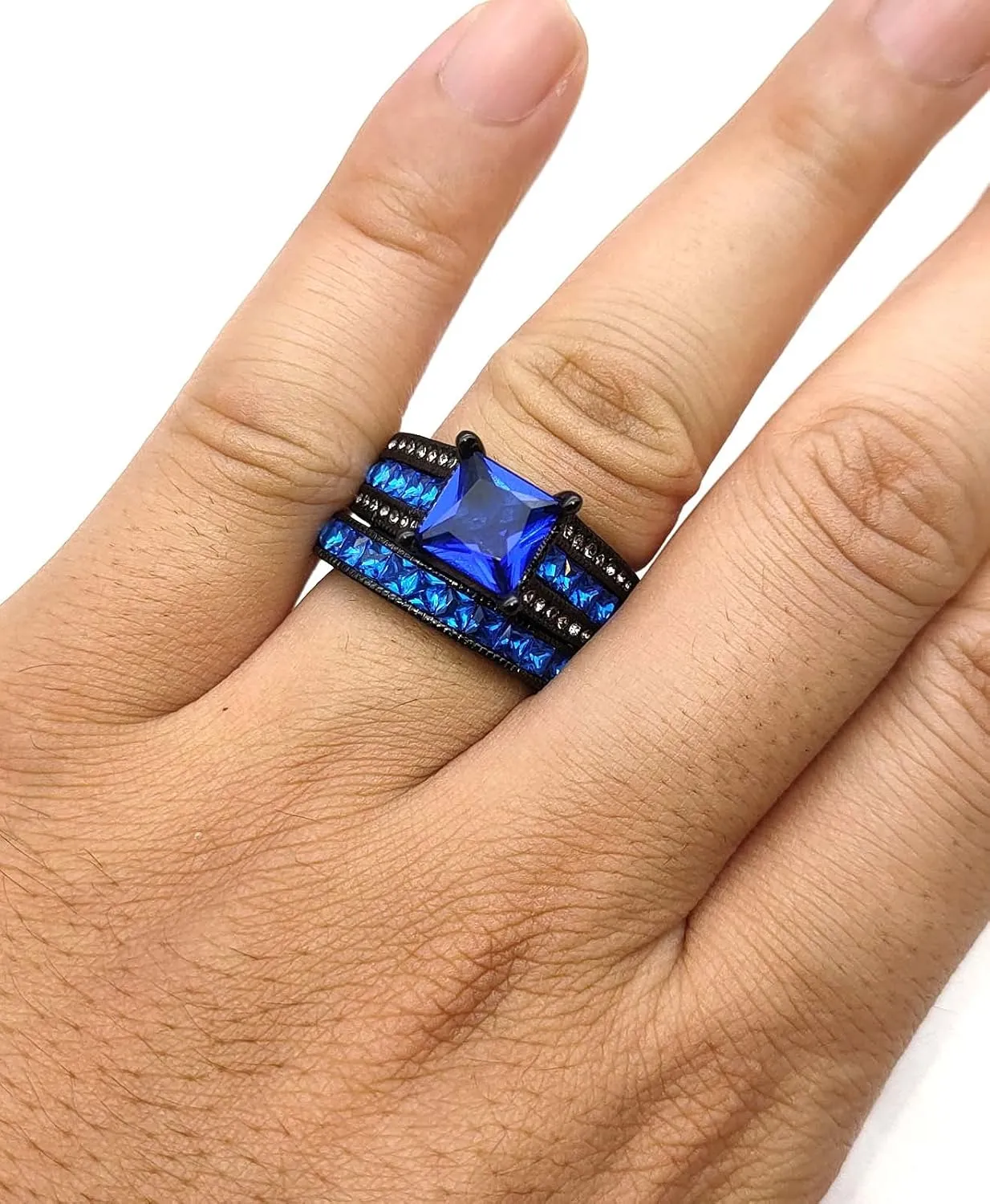 Bridal Sets Luxury Black Gold Plated Womens Wedding Ring Sets Princess cut 8mm Blue Cz Engagement Ring Sets