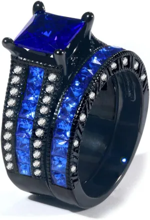 Bridal Sets Luxury Black Gold Plated Womens Wedding Ring Sets Princess cut 8mm Blue Cz Engagement Ring Sets