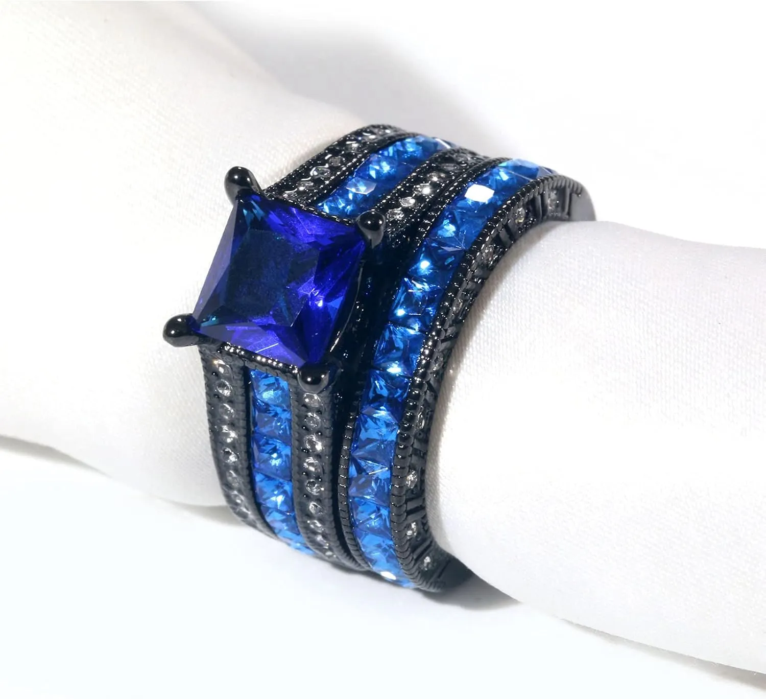 Bridal Sets Luxury Black Gold Plated Womens Wedding Ring Sets Princess cut 8mm Blue Cz Engagement Ring Sets