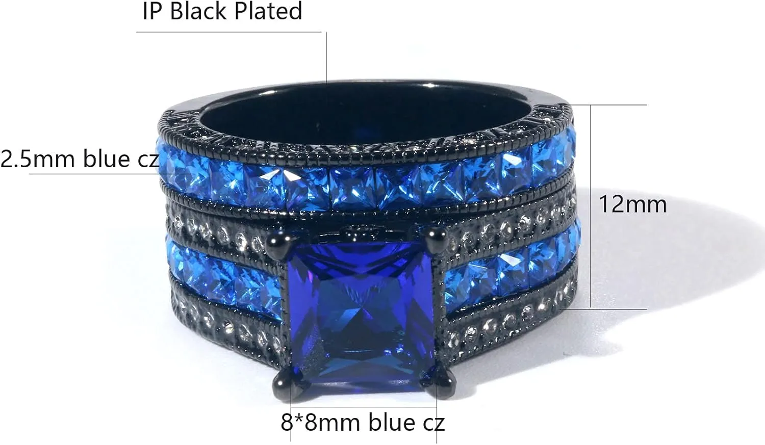 Bridal Sets Luxury Black Gold Plated Womens Wedding Ring Sets Princess cut 8mm Blue Cz Engagement Ring Sets