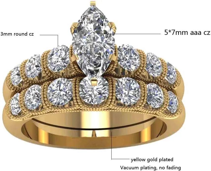 Bridal Sets Yellow Gold Plated Womens Wedding Ring Sets Marquise cut Cz Engagement Ring Sets