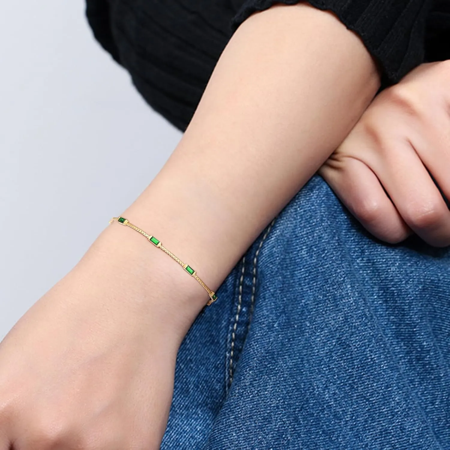 BriLove Dainty Gorgeous 925 Sterling Silver Birthstone Bracelets for Women,Six Emerald Cut Tennis Bracelet Birthday Prom Gifts Jewelry