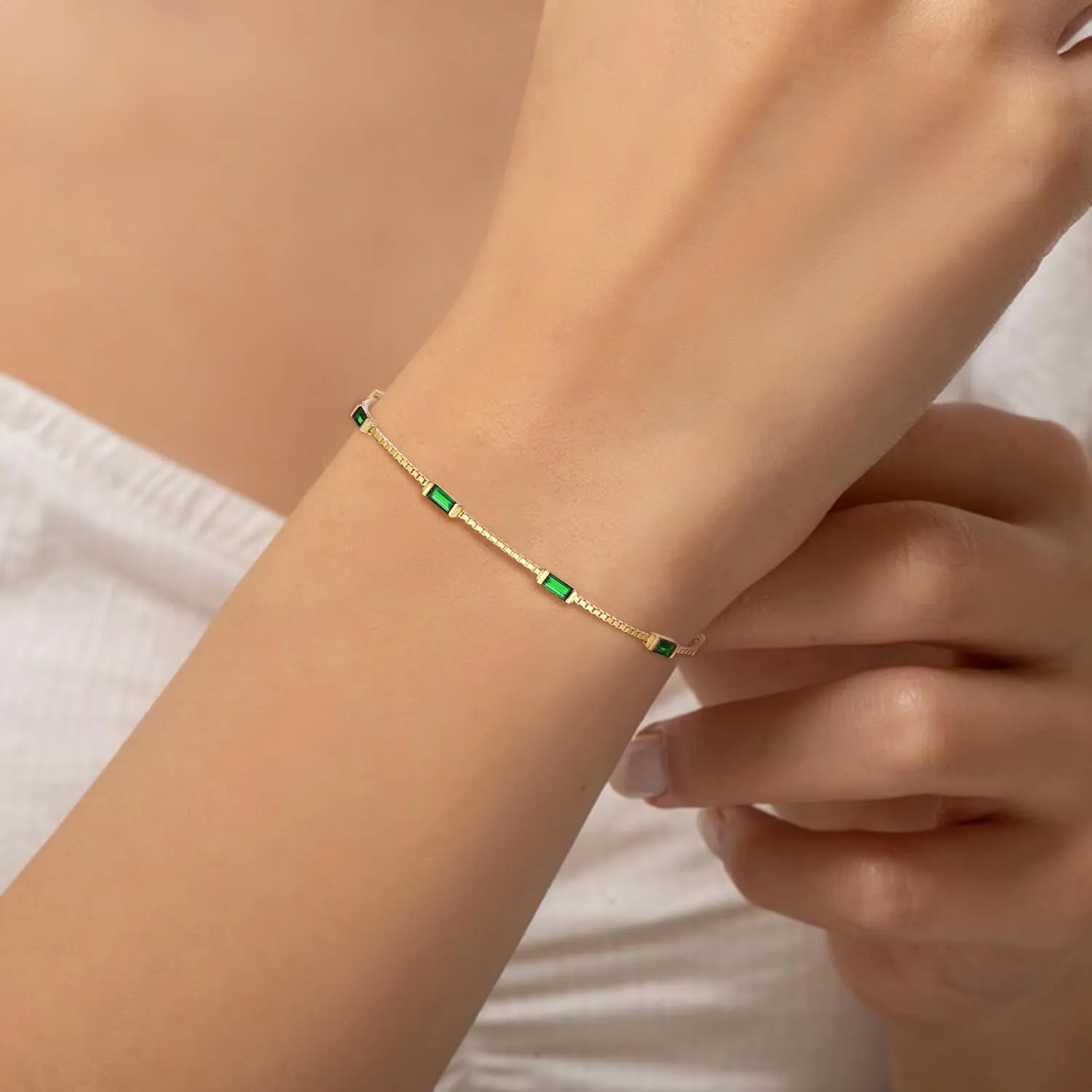 BriLove Dainty Gorgeous 925 Sterling Silver Birthstone Bracelets for Women,Six Emerald Cut Tennis Bracelet Birthday Prom Gifts Jewelry
