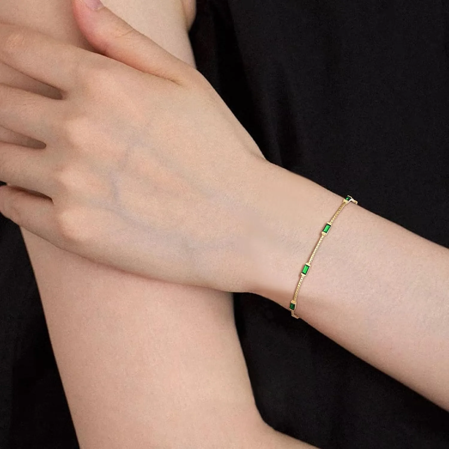 BriLove Dainty Gorgeous 925 Sterling Silver Birthstone Bracelets for Women,Six Emerald Cut Tennis Bracelet Birthday Prom Gifts Jewelry
