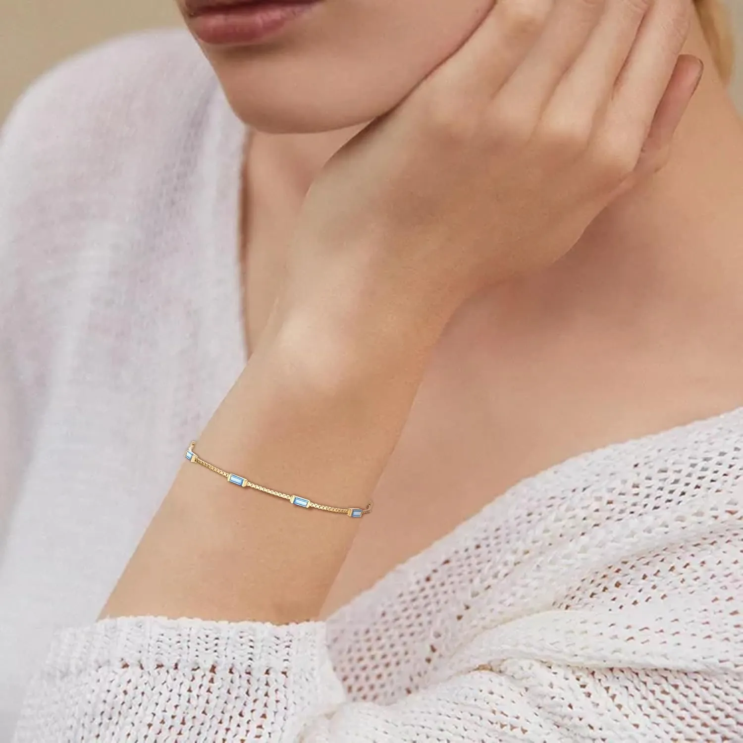 BriLove Dainty Gorgeous 925 Sterling Silver Birthstone Bracelets for Women,Six Emerald Cut Tennis Bracelet Birthday Prom Gifts Jewelry