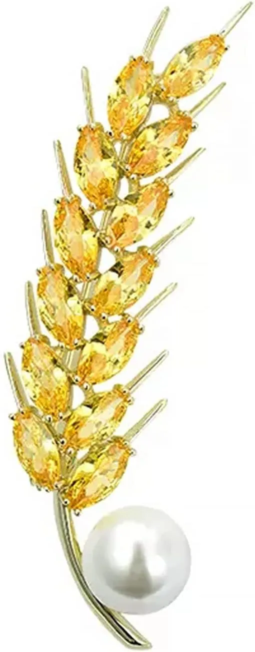 Brooches for Women, Gold Tone Wheat Ear Brooch Pins Fashion Shiny Zirconia and Imitation Pearl Brooch Broach