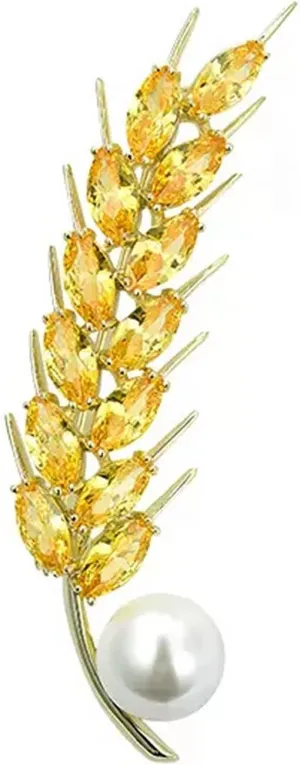 Brooches for Women, Gold Tone Wheat Ear Brooch Pins Fashion Shiny Zirconia and Imitation Pearl Brooch Broach