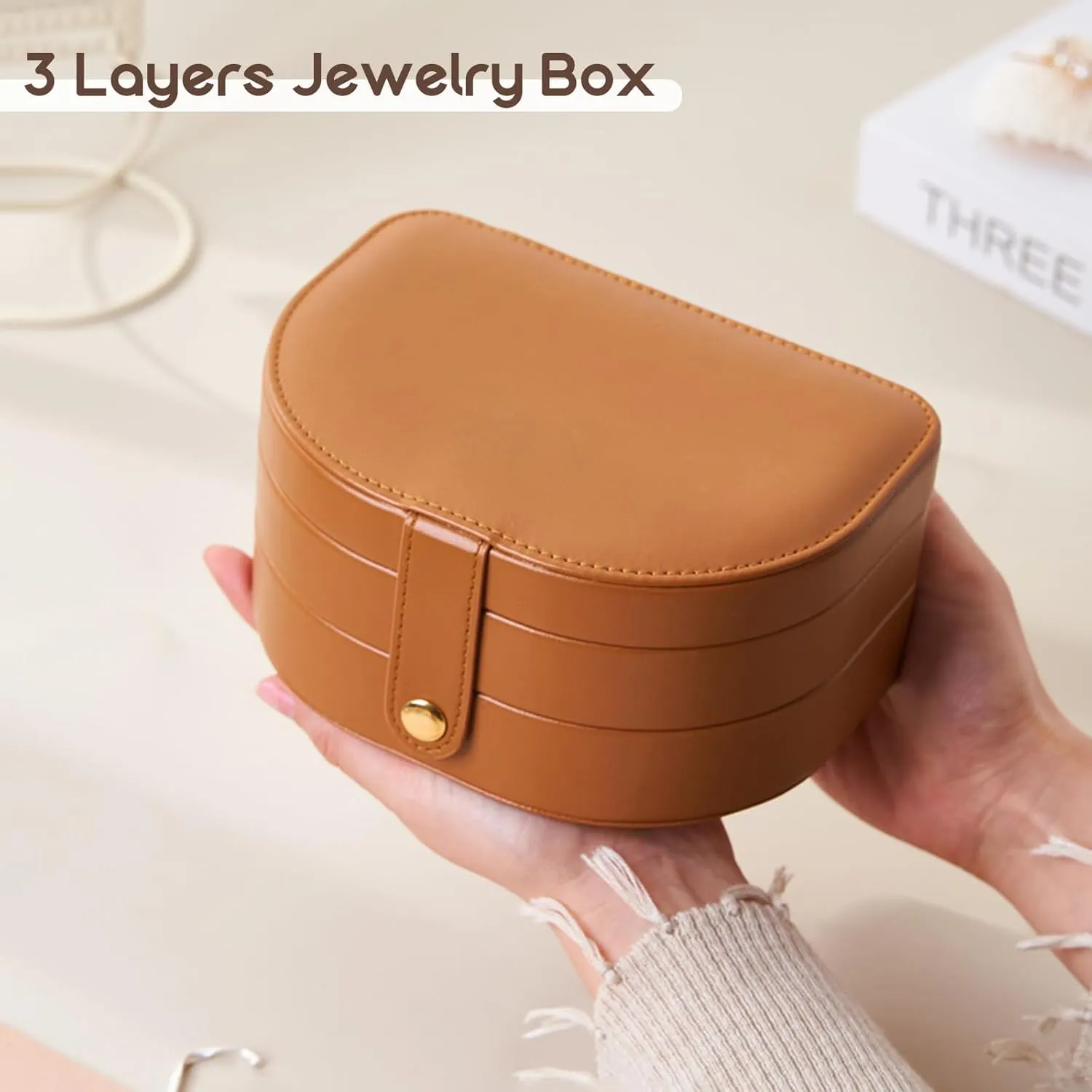 Brown Jewelry Box for Women & Girls - 3 Layer Portable Travel Jewelry Organizer(Holds 50  Pieces), PU Leather Waterproof, Large Capacity Organizer, Travel Accessories for Jewelry