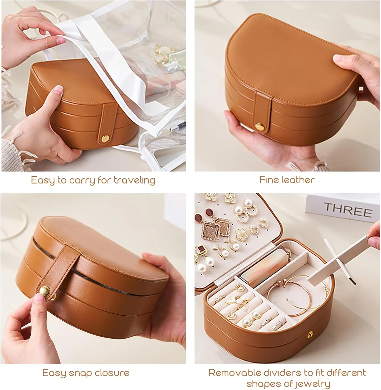 Brown Jewelry Box for Women & Girls - 3 Layer Portable Travel Jewelry Organizer(Holds 50  Pieces), PU Leather Waterproof, Large Capacity Organizer, Travel Accessories for Jewelry