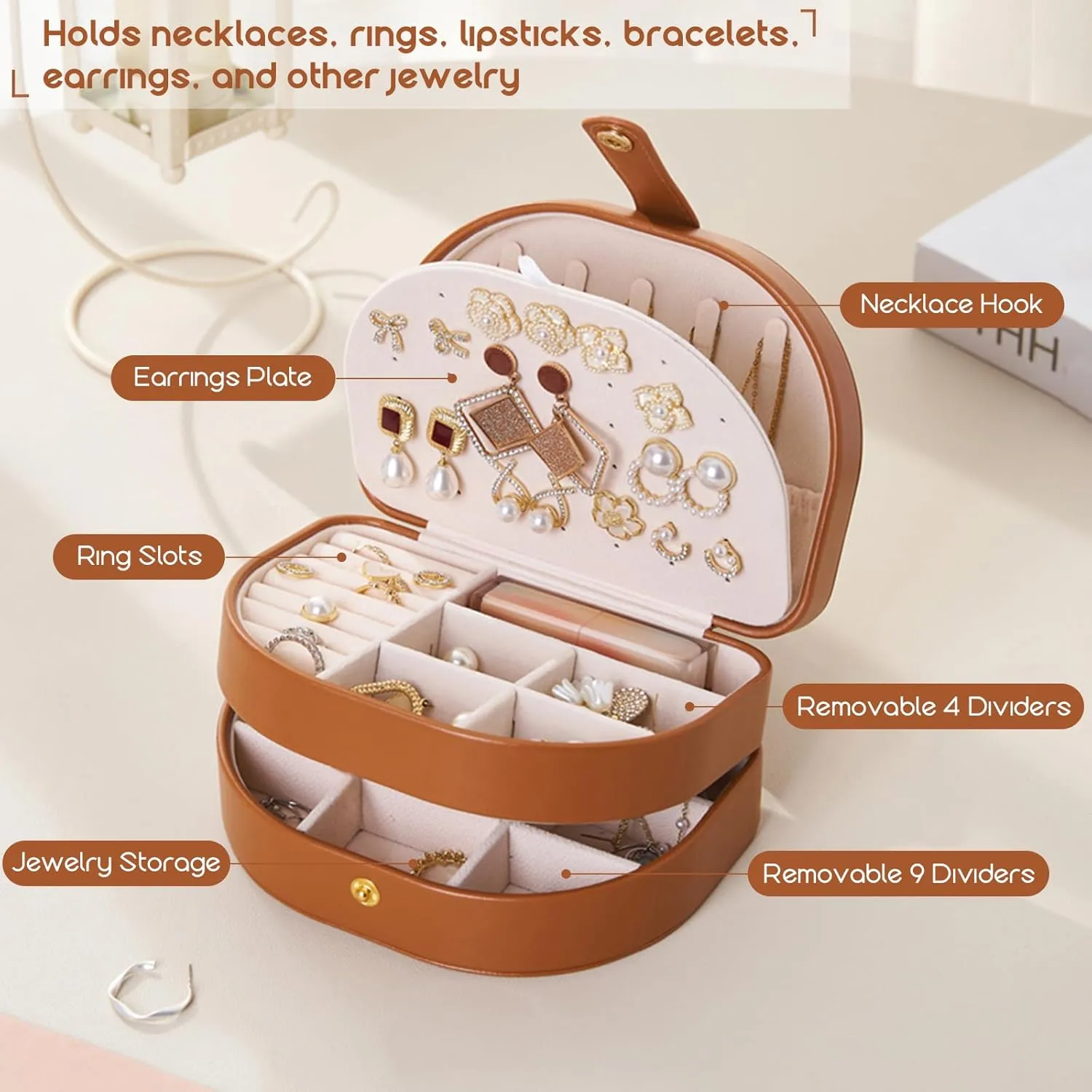 Brown Jewelry Box for Women & Girls - 3 Layer Portable Travel Jewelry Organizer(Holds 50  Pieces), PU Leather Waterproof, Large Capacity Organizer, Travel Accessories for Jewelry