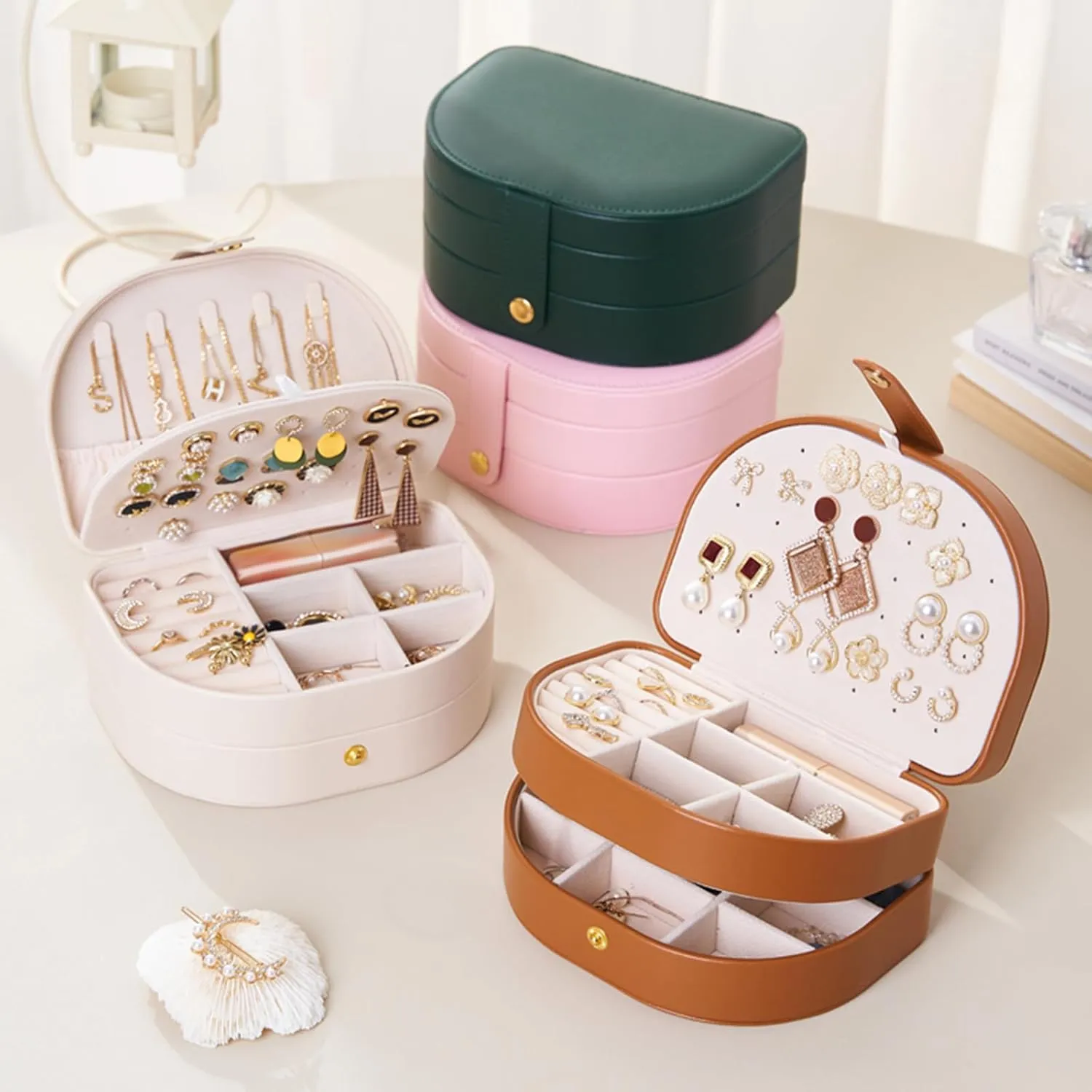 Brown Jewelry Box for Women & Girls - 3 Layer Portable Travel Jewelry Organizer(Holds 50  Pieces), PU Leather Waterproof, Large Capacity Organizer, Travel Accessories for Jewelry
